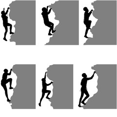 Black set silhouette rock climber on white background