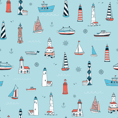 Fototapeta premium Lighthouse and boats sea hand drawn vector seamless pattern