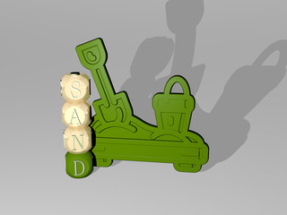 3D representation of SAND with icon on the wall and text arranged by metallic cubic letters on a mirror floor for concept meaning and slideshow presentation for beach and background