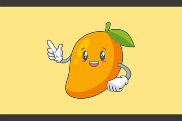 SMILING, HAPPY, cheerful Face Emotion. Forefinger Hand Gesture. Yellow Mango Fruit Cartoon Drawing Mascot Illustration.