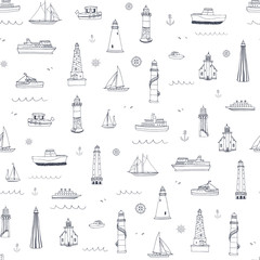 Lighthouse and boats sea hand drawn vector seamless  line pattern