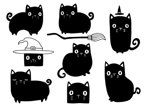 Halloween set of black doodle cats on white background. Drawn by hand cartoon cute cats for halloween decorations.