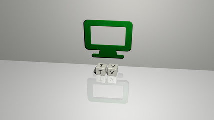 TV text of cubic dice letters on the floor and 3D icon on the wall - 3D illustration for background and watching