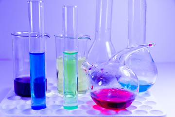 Chemical laboratory instruments, glassware and pipette. Tests and research diagnoses.