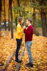 Fototapeta premium young couple walks in the autumn Park. Orange and yellow leaves around.
