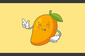 YUM, TONGUE, cheerful Face Emotion. Forefinger Hand Gesture. Yellow Mango Fruit Cartoon Drawing Mascot Illustration.