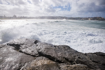 Storm waves crashing on the rocks, Bondi Australia