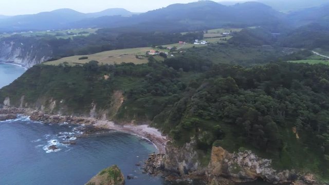Asturias. Beautiful coastal landscape in Cadavedo. Spain. Aerial Drone Footage 
