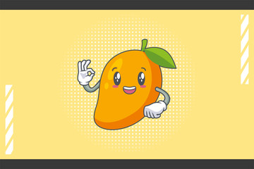 SMILING, HAPPY, cheerful Face Emotion. OK Nice Hand Gesture. Yellow Mango Fruit Cartoon Drawing Mascot Illustration.