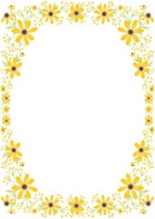 Blooming yellow flowers frame. Floral ornament border for A4 size. Flat design. Botanical illustration.