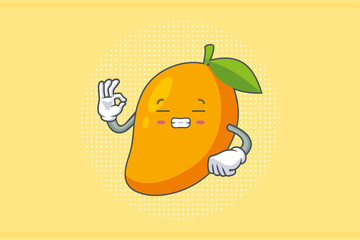 FRUSTRATED, GRIN SMILE, NERVOUS Face Emotion. OK Nice Hand Gesture. Yellow Mango Fruit Cartoon Drawing Mascot Illustration.