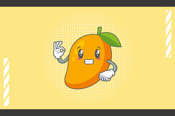 ANXIOUS, anxiously, anxiousness Face Emotion. OK Nice Hand Gesture. Yellow Mango Fruit Cartoon Drawing Mascot Illustration.