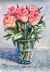 Watercolor pink roses in vase on table in room. Beautiful bouquet . Design element.