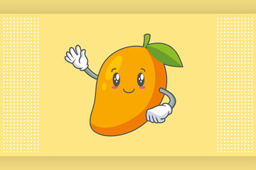 SLIGHTLY SMILE FACE, SLIGHTLY, SMILING Face Emotion. Waving Hand Gesture. Yellow Mango Fruit Cartoon Drawing Mascot Illustration.