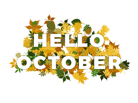 Phrase "HELLO OCTOBER" with smooth shadows on a pile of autumn leaves