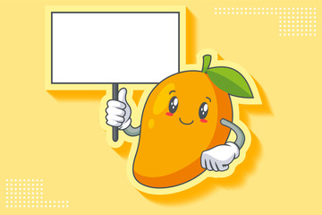 SLIGHTLY SMILE FACE, SLIGHTLY, SMILING, SMILE Face Emotion. Holding Whiteboard Hand Gesture. Yellow Mango Fruit Cartoon Drawing Mascot Illustration.
