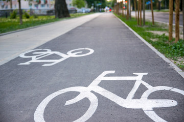 Obraz premium Bicycle road sign on asphalt. Symbol to indicate the road for bicycles.