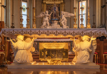 RAVENNA, ITALY - JANUARY 29, 2020: The modern altar (mensa) with the reliquary of St. Paul the...