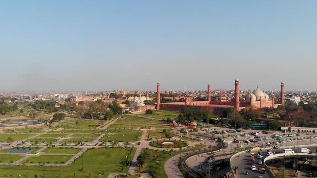 Drone View of BADSHAHI MASJID - Mughal era Mosque in PUNJAB(Lahore), Pakistan