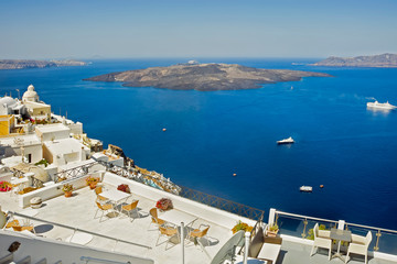 Obraz premium Caldera and Nea Kameni view from balcony, Fira, Santorini