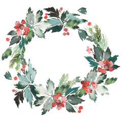 Christmas wreath with berries watercolor postcard.