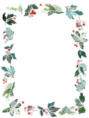 Naklejka premium Christmas wreath with berries watercolor postcard.