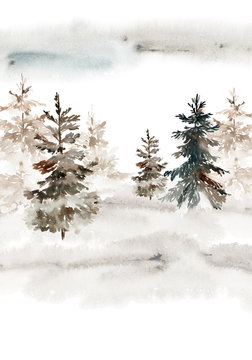 Watercolor christmas card with winter landscape