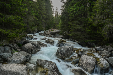 Naklejka premium Waterfall flows down the stones. Trekking through the mountains along the waterfalls. High Tatras (High Tatras, High Tatras, Magas-Tatras)