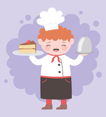 chef boy with cake and platter service cartoon character