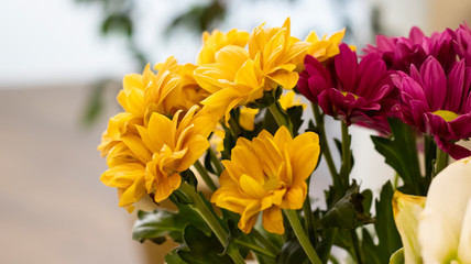 Apartment interior with flowers. Chrysanthemum flowers in a vase on a marble table.
