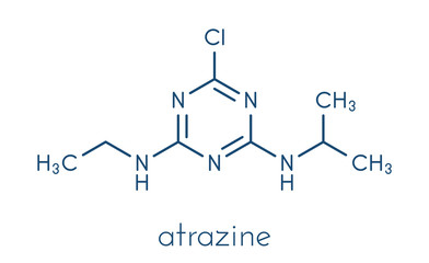 Atrazine broadleaf herbicide molecule. Skeletal formula.