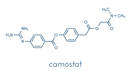 Obraz premium Camostat drug molecule. Serine protease inhibitor, investigated for treatment of Covid-19. Skeletal formula.