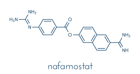 Obraz premium Nafamostat drug molecule (serine protease inhibitor). Skeletal formula.