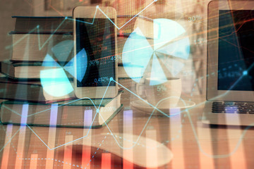 Fototapeta na wymiar Double exposure of financial graph drawing and cell phone background. Concept of forex trading