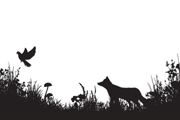 Obraz premium Lis i ptak w sylwetki łąka. Grafika ścienna czarno-biała