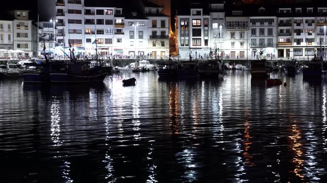 Night in harbour of Luarca with boats. Asturias,Spain