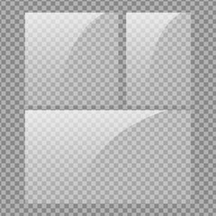 Square, vertical and 16x9 panel. Glass plate set on transparent background. Clear glass showcase. Realistic window mockup. Reflecting rectangle glass banner. Stock vector illustration