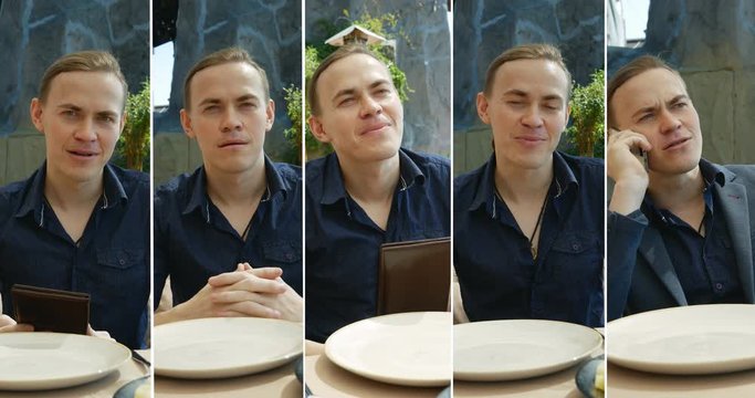 collage of a portrait of a young man sitting at a table in a restaurant, different emotions and behavior