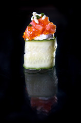 rolls with reflection on a black background. quality photos for menu design and templates.