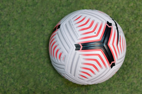 Close-Up On Nike Flight The Official English Premier League Match 20/21  Ball On The Grass