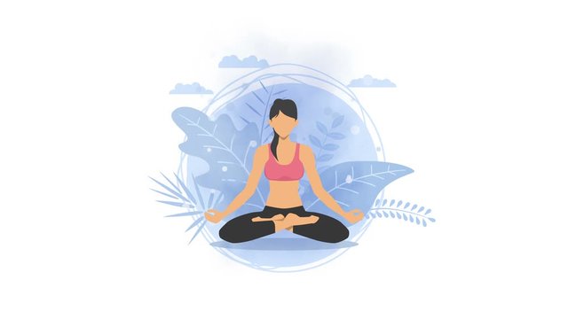 Woman does yoga exercise in nature. Lotus pose. Female cartoon character demonstrating yoga pose. Healthy lifestyle. Loop animation.