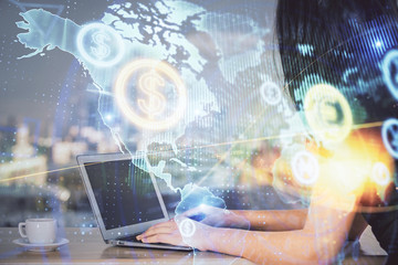Double exposure of businesswoman hands typing on computer and forex chart hologram drawing. Financial analysis concept.