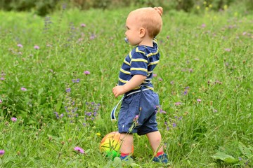 a boy with a ball stands in the grass on a meadow