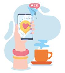 female hand with smartphone like website coffee cup social network communication and technologies