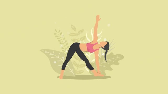 Woman does yoga exercise in nature. Triangle pose. Female cartoon character demonstrating yoga pose. Healthy lifestyle. Loop animation.