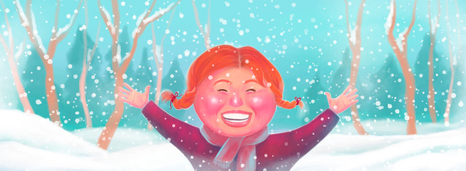 Fototapeta premium hand-drawn little girls. Happy girl rejoices in the snow spreading her arms to the sides on a winter background. The arrival of winter, the first snow.