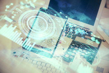 Double exposure of man's hands holding and using a phone and international business theme drawing.