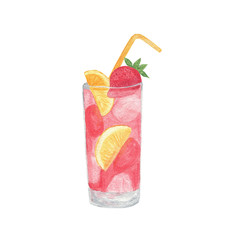 Strawberry lemonade drink with fruit and ice cubes, straw, orange slices watercolor illustration of food dessert image, menu and summer vacation design
