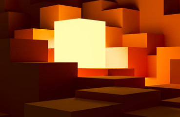 leadership and uniqueness concept. one different glowing cube among other identical orange cubes. 3D render.