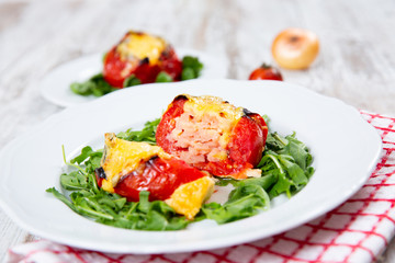 Stuffed tomatoes. Tomatoes baked with cheese and meat